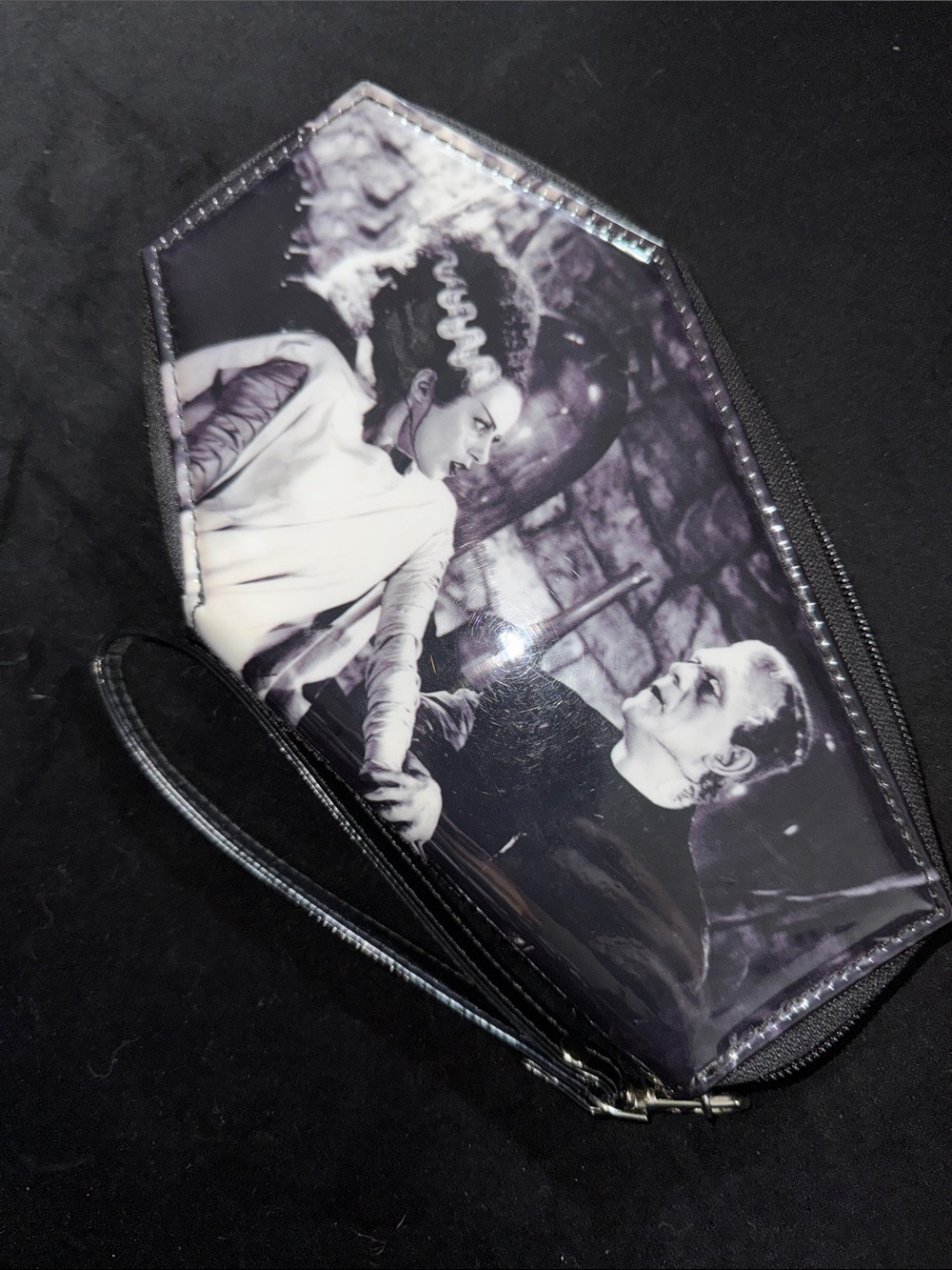 Frankenstein/The Bride Coffin-Shaped Wristlet Bag with Classic Horror Print